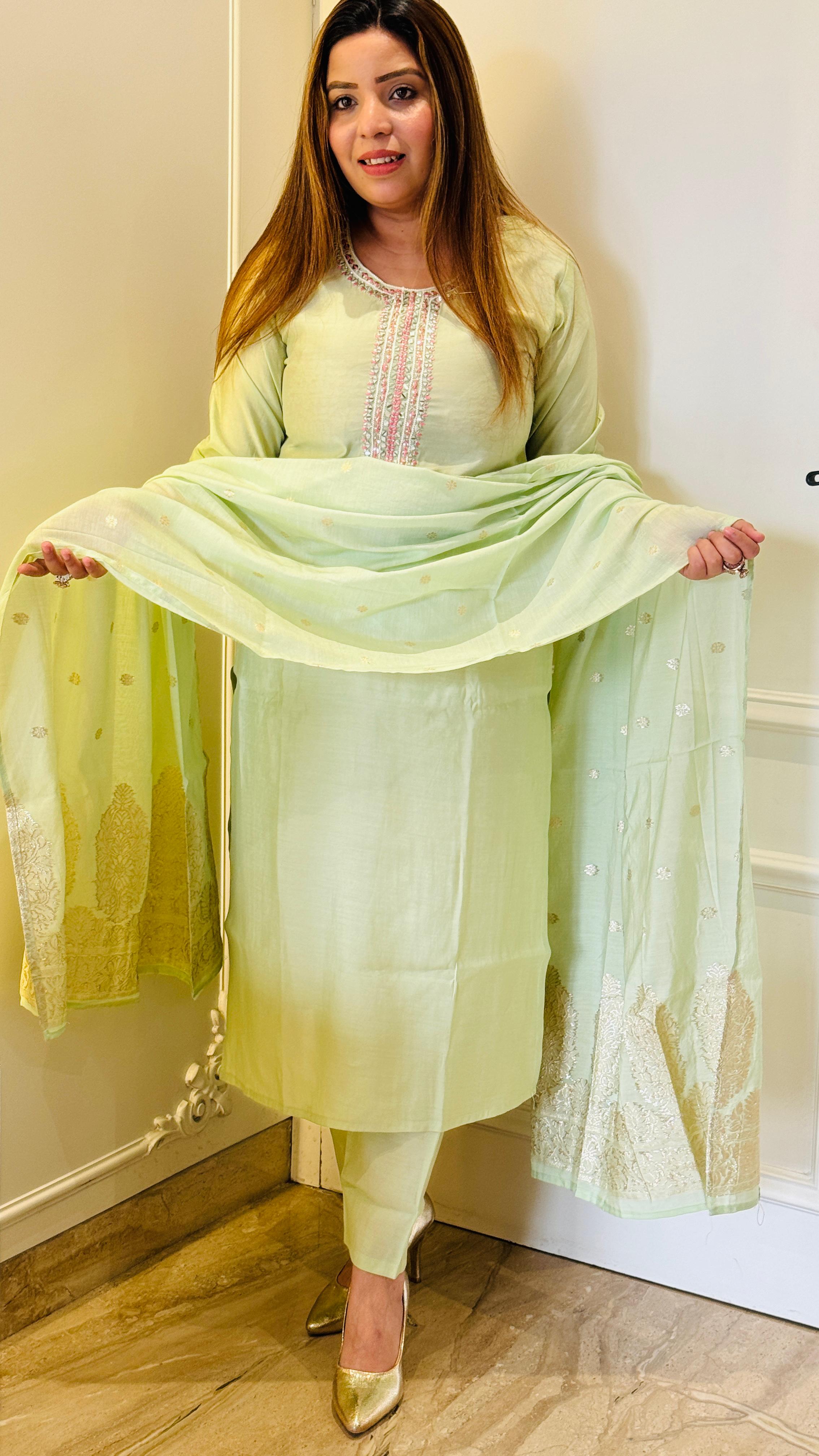 Pastel Green Crepe Banarasi Suit Set